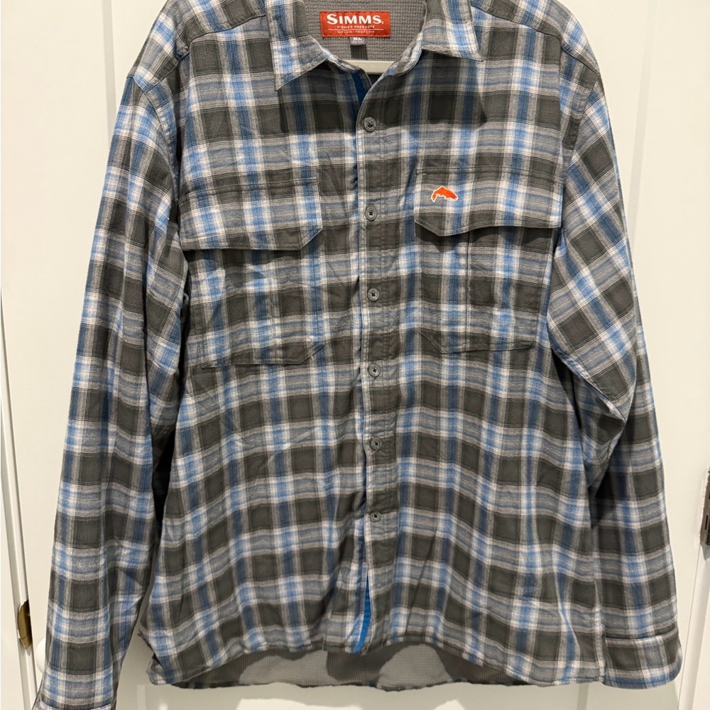 Simms Blue and Gray Flannel Plaid Jacket shacket with fleece lining